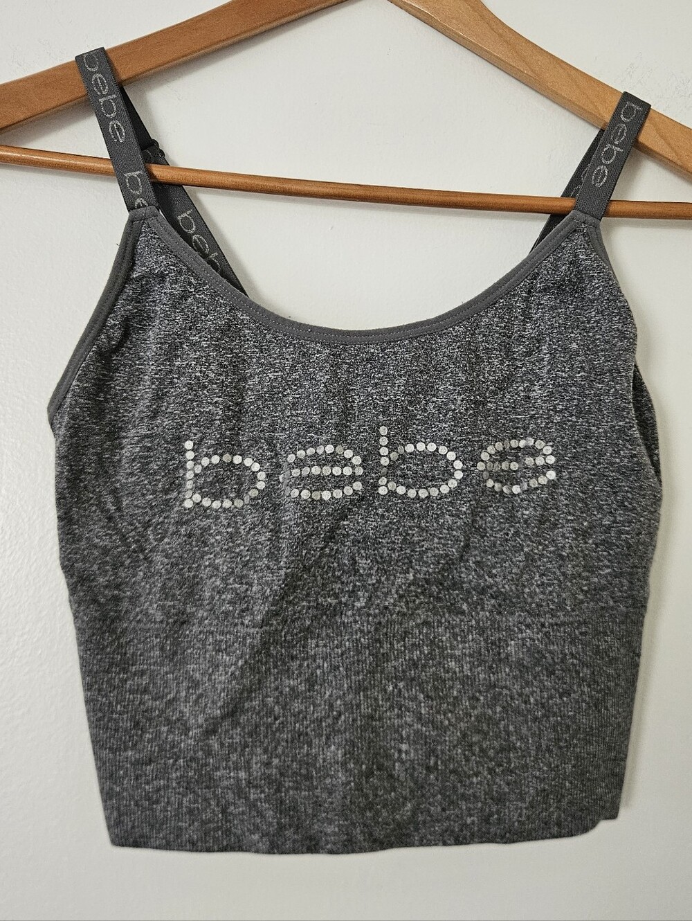 bebe Womens Top 1X Tank Y2K Athletic Logo Crop Vtg Large Sport Bra Gray Cami